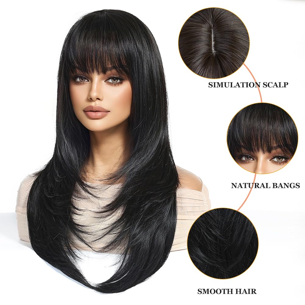 Esmee Long Straight Black Brown Wigs for Women with Fringe Natural Synthetic Hair Wig for Daily & Party Use - Image 3