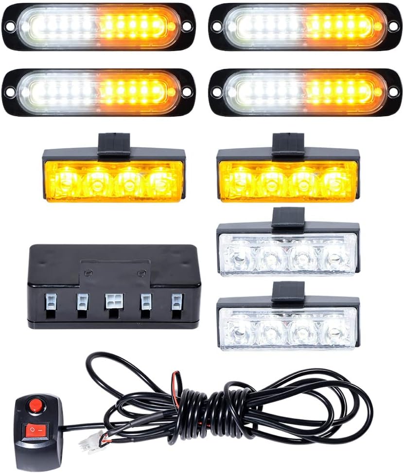 AstraDepot 4pcs Ultra-thin 10-LED Amber-White + 2pcs White 2pcs Amber 4-LED with Clips Control Box Car Truck 12V-24V Flashing Strobe Lights