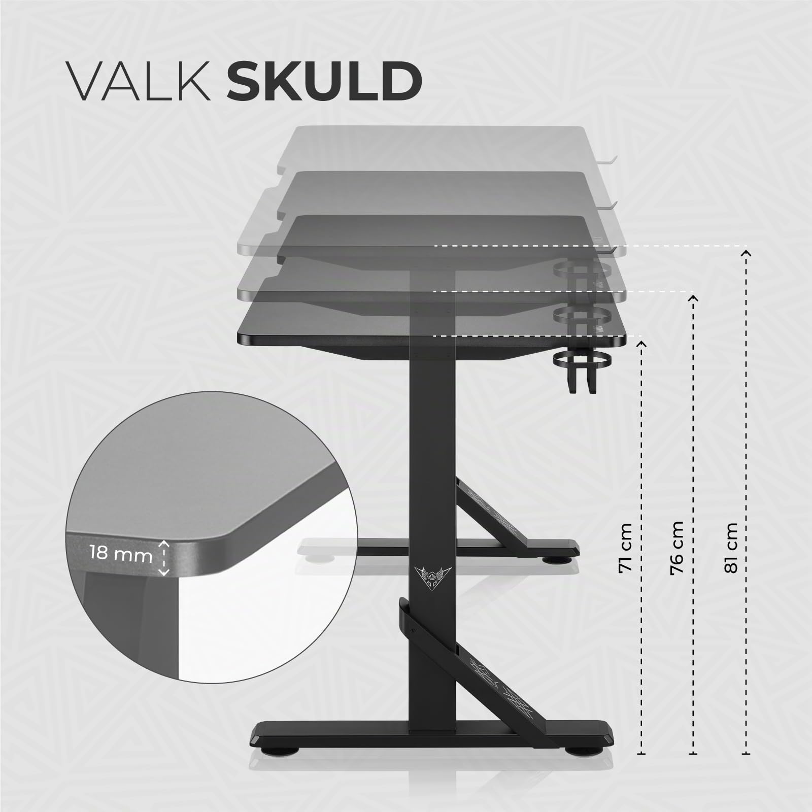 VALK Skuld - Mesa Gaming 136x60cm, Altura Regulable, Gestión de Cables, Mesa Escritorio Solida y Elegante, hasta 100kg, Accesorios para Vasos y Auriculares, Creada en España (Blanca)