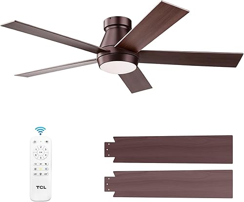TCL Ceiling Fan with Light: Oil Rubbed Bronze Finish 5 Wood Grain Blade Low Profile Remote Control Flush Mount DC Reversible 3CCT Dimmable Noiseless Fan with Light for Indoor and Room