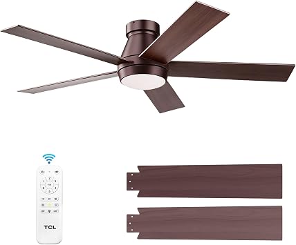 TCL Ceiling Fan with Light Oil Rubbed Bronze Finish 5 Wood Grain Blade Low Profile Remote Control Flush Mount DC Reversible 3CCT Dimmable Noiseless Fan with Light for Indoor and Room