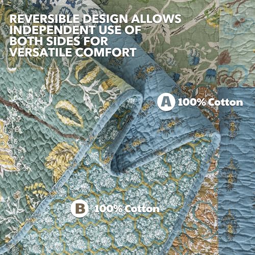 NEWLAKE Cotton Patchwork Bedspread, 3-Piece Bedding Quilt Set with Real Stitched Embroidery, Reversible Matelasse Bed Coverlet Set,Green Farmhouse Garden,Twin Size