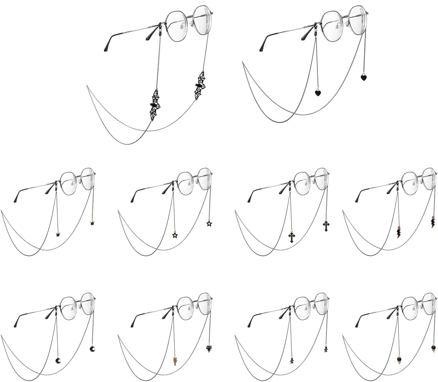 10 Pieces Glasses Chain Accessories For Women Men Eyeglass Holder Chain Goth Lanyard Sunglasses Chains Bat Moon Heart Cat Lightning Cross Crown Star Anti Lost & Slip Eyeglass Leash