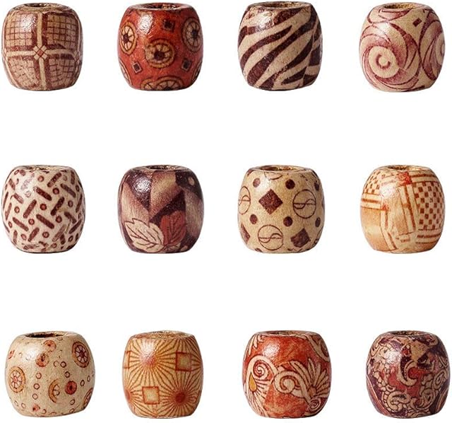 PandaHall 50Pcs Large Hole Printed Barrel Wooden Beads 16mm Mixed Jewelry Craft Making Loose Spacer Charm Wood Beads