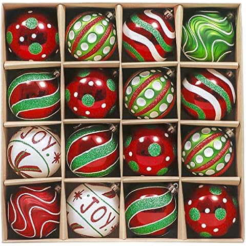 Valery Madelyn 16pcs 8cm Shatterproof Christmas Baubles, Country Red Green and White Christmas Ball Ornaments for Christmas Tree Decoration Cover