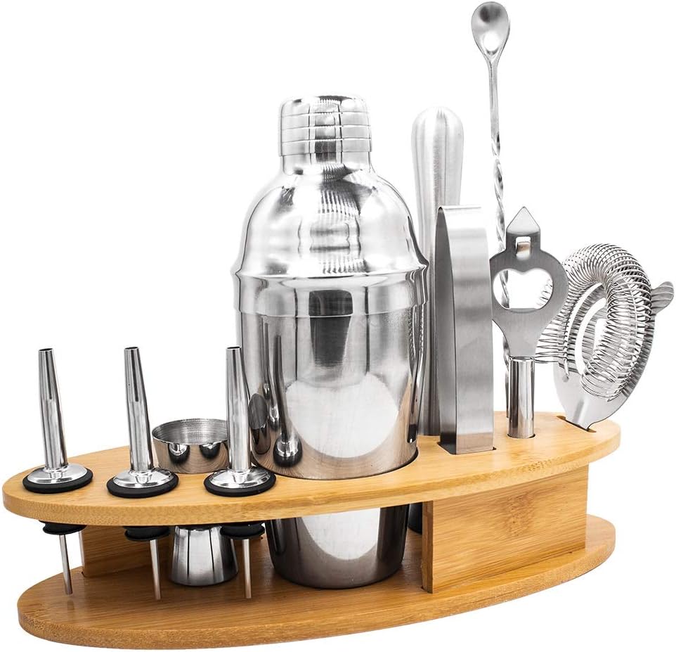 Bartender Kit Cocktail Shaker Set Stainless Steel Bar Tool Set 11 Pcs with Bamboo Stand Drink Mixing Bar Accessories for Home Bartending/Cocktail Recipes