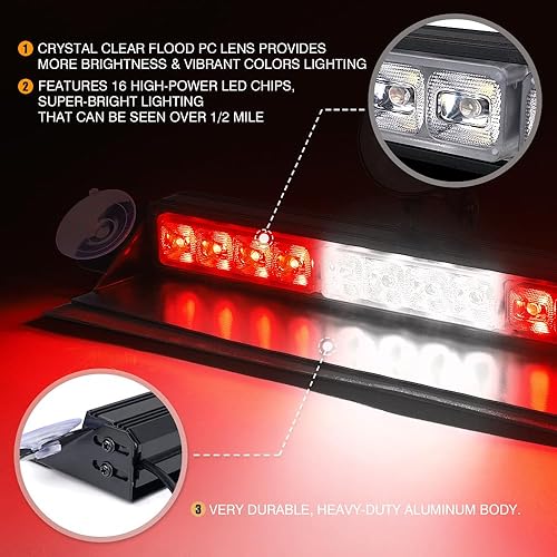 Miniatura 10 de Xprite Barra de luz estroboscópica de aluminio para parabrisas con ventosas, visera LED blanca súper brillante, cubierta trasera, advertencia de