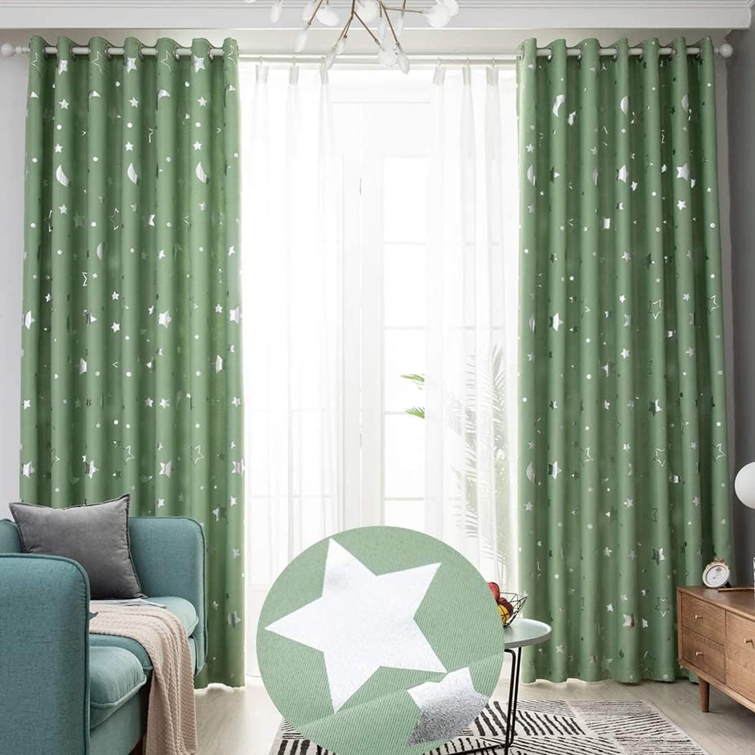 Green Blackout Curtains for Living Room 84 Inch Length - 2 PCS Star Moon Print Grommet Nursery Essential Blackout Thick and Soft Window Strapes for Kids Bedroom