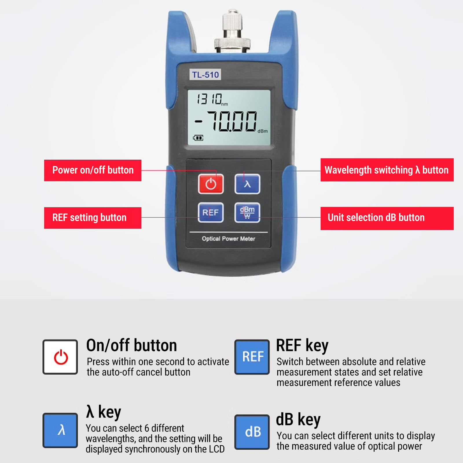 Fiber Optische Power Meter, 850/1300/1550 nm Tragbarem Optisches fiber Leistungsmessgerät, Lwl messgerät/Glasfasertester/Optischer Leistungsmesser mit 6 Wellenlängenkalibrierung für Faser Optik Test