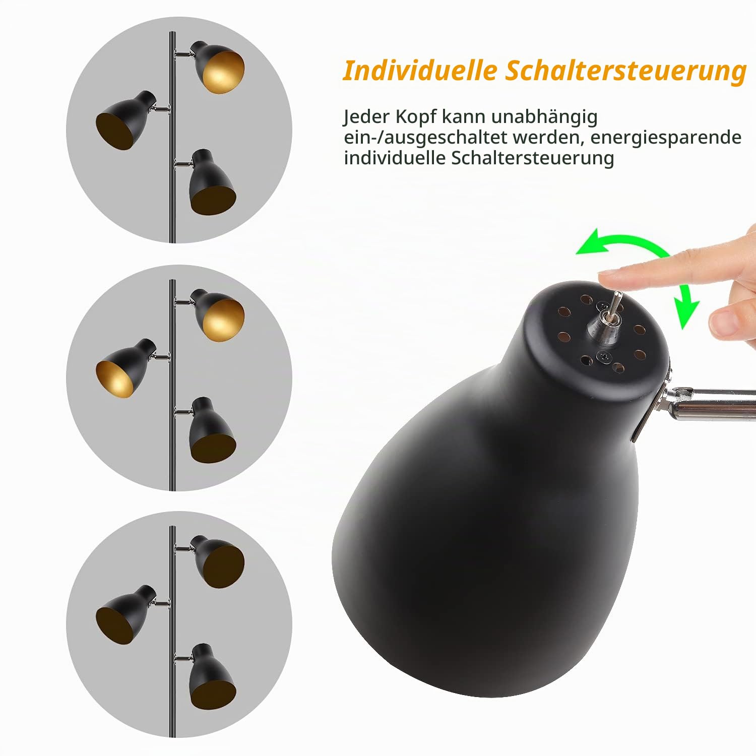 Lese-Stehlampe Baum-Stehlampe, Schwarz-Gold, 3 verstellbare Lichter | Retro-Metall, E14, 168 CM, Unabhängige Steuerung, Für Wohn- und Schlafzimmer