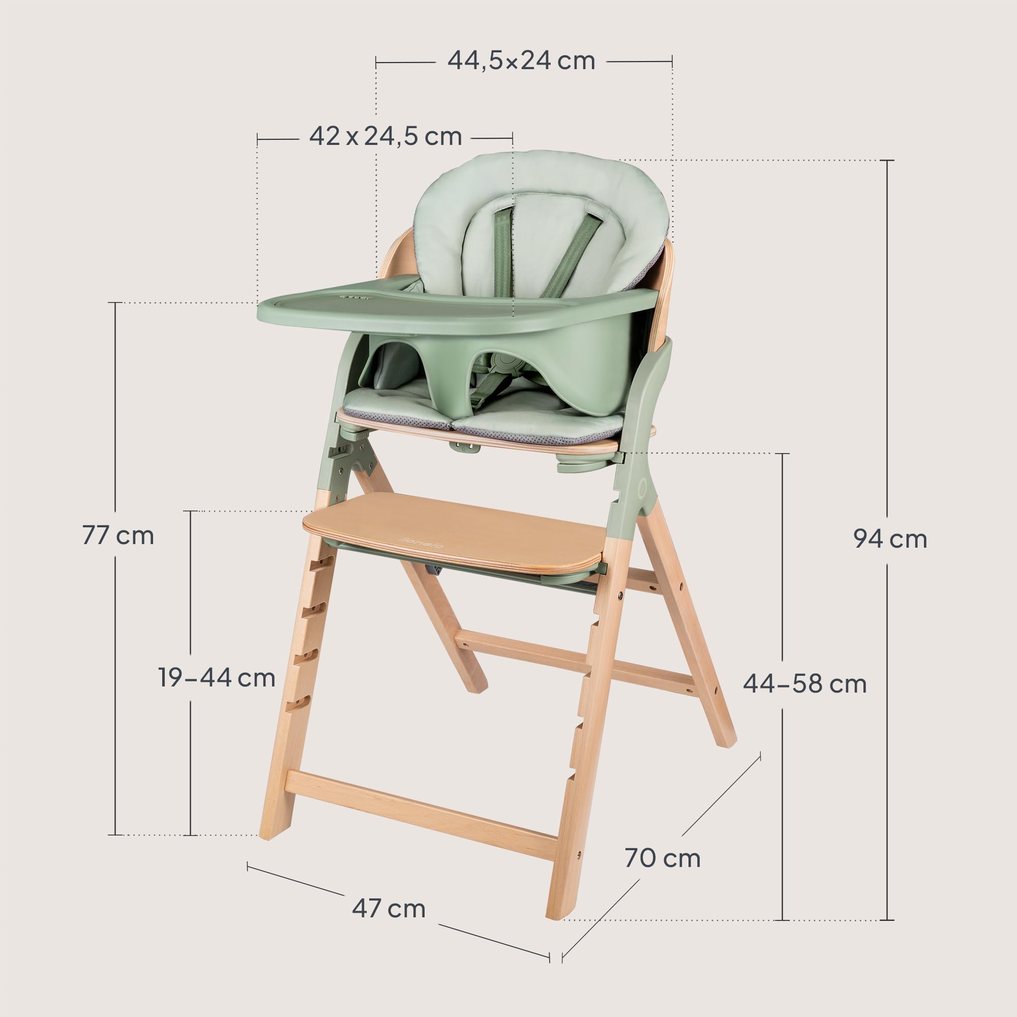 LIONELO Megan – Trona evolutiva de madera para bebé, crece con el niño desde 6 meses hasta 110 kg, reposapiés regulable, arnés 5 puntos, cojín lavable, fácil de limpiar