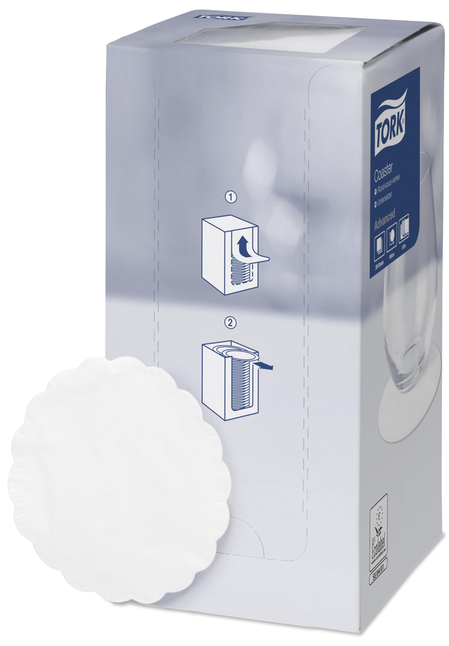 Tork 474474 Untersetzer Weiß / Elegante Getränkeuntersetzer aus 8-lagigem Papier / Für effektiven Tisch-Schutz / 12x250 (3000) Untersetzer für Gläser oder Tassen / Advanced Qualität / 9 x 9 cm