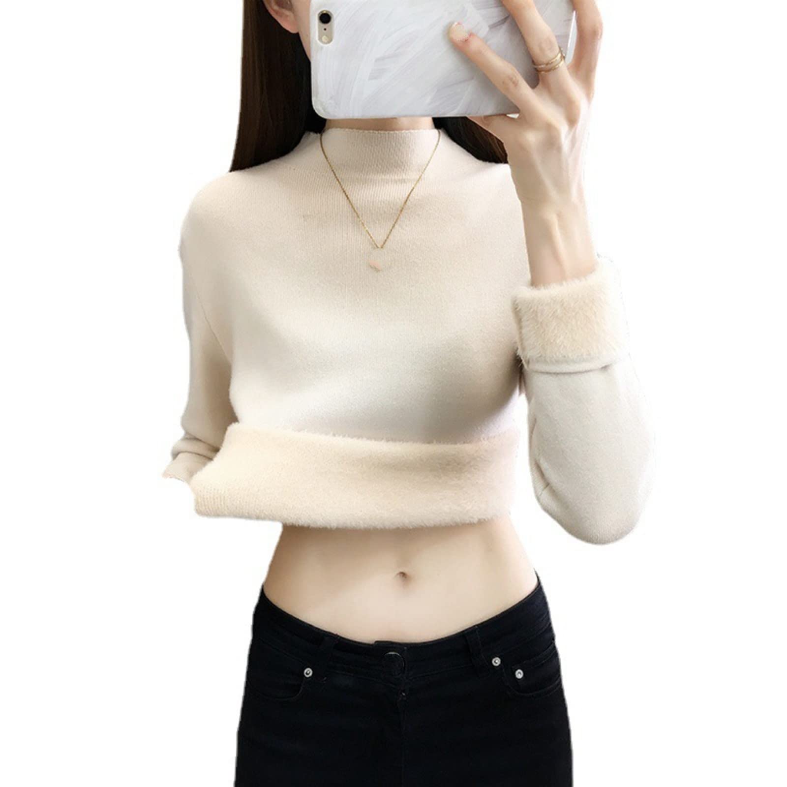 Suéter De Invierno Para Mujer - Mujeres De Invierno Medio Cuello Alto Más Suéter Grueso De Terciopelo Moda Albaricoque Suéter De Punto Cálido Estiramiento Suave Slim Fit Casual Manga Larga Reg