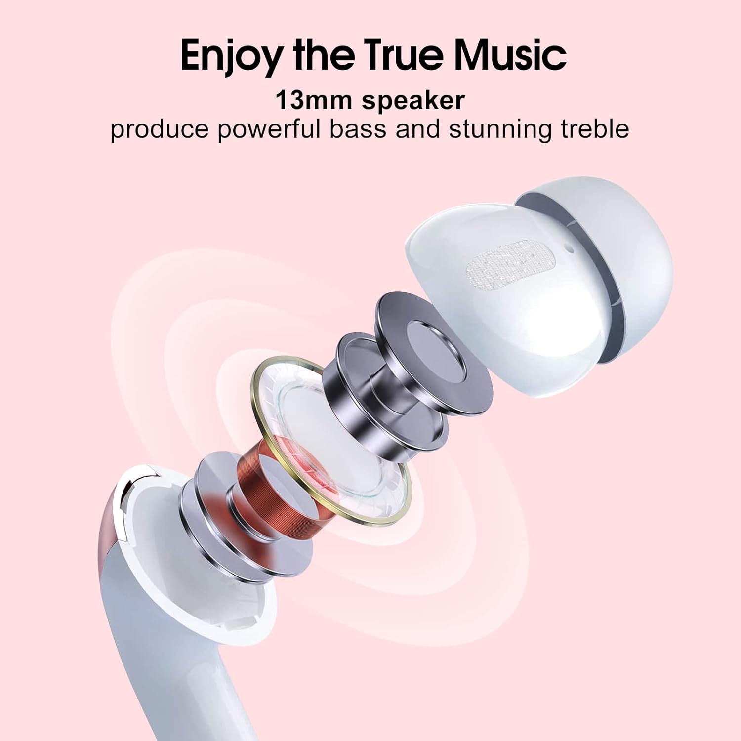 Meletup view of a Lekaby X08 earbud showing the internal 13mm speaker driver components.