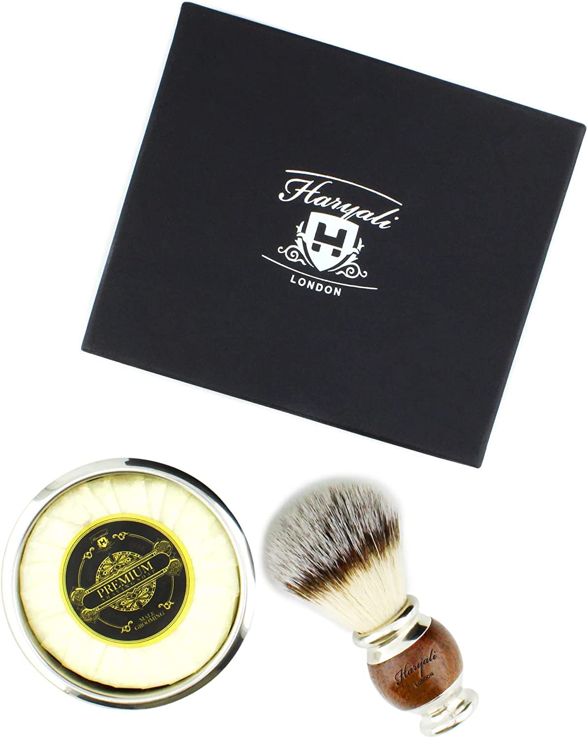 Haryali London Brocha de afeitar – Brocha de afeitar vegana – Bandeja de afeitar – Jabón de afeitar – Juego de 3 piezas – Mango de madera, Metal – Bandeja de afeitar de acero inoxidable – Pelo