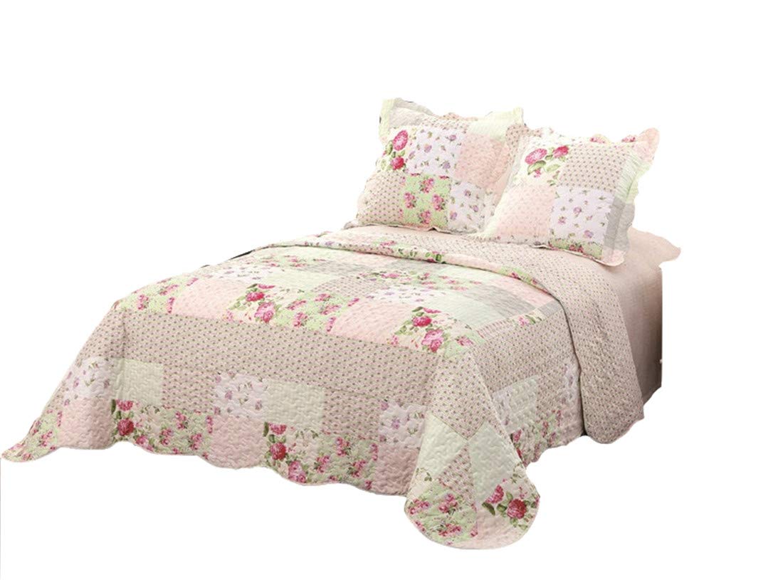 Jameswish Pink Floral Quilt Set Polyester Microfiber Bed Quilts Reversible Queen Size Quilting Bedspread Lightweight 3PC Bed Coverlet Set Home Decoration for Full and Queen Size Bed