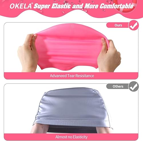 Miniatura 4 de Okela Gorro de natación de silicona para mujeres y hombres, cómodo gorro de baño largo, con bordes reforzados, diseño a prueba de desgarros,