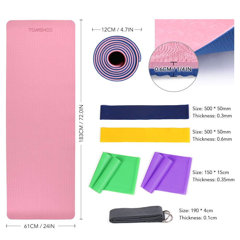 TOMSHOO Tapis de Yoga + 4Pcs élastique Bandes, TPE Antidérapant 183 * 61cm 6mm Épais, Tapis de Gymnastique Sport pour Yoga Fitness Pilates Gym avec Sac de Rangement
