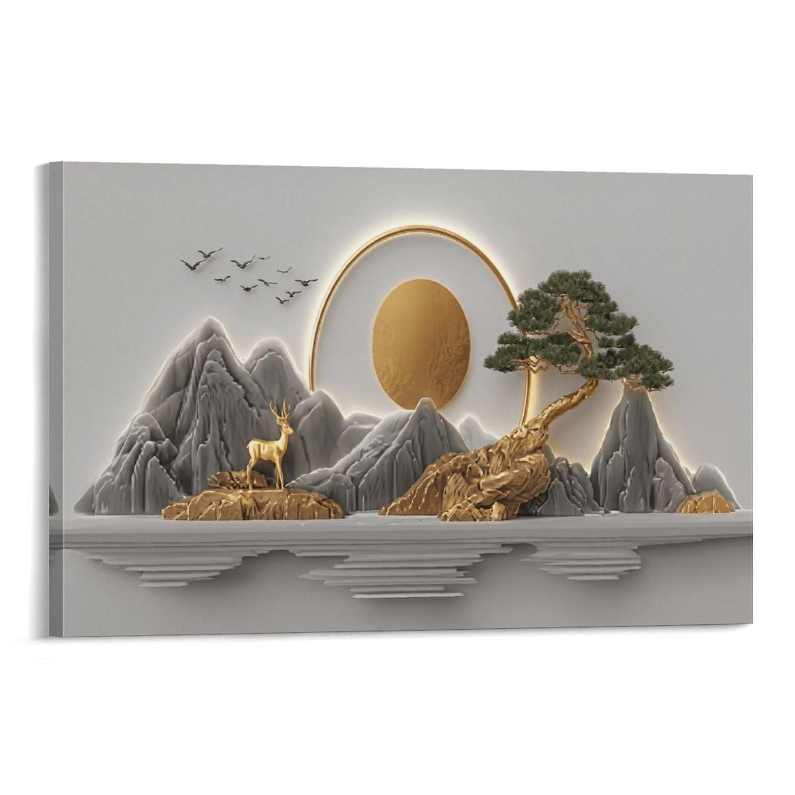 XPASHIQWC New Chinese Relief Landscape Deer Poster Artwork Canvas Prints Picture Modern Canvas Wall Art Picture Wall Hanging for Living Room Bedroom Home Decorations 20x30inch(50x75cm)