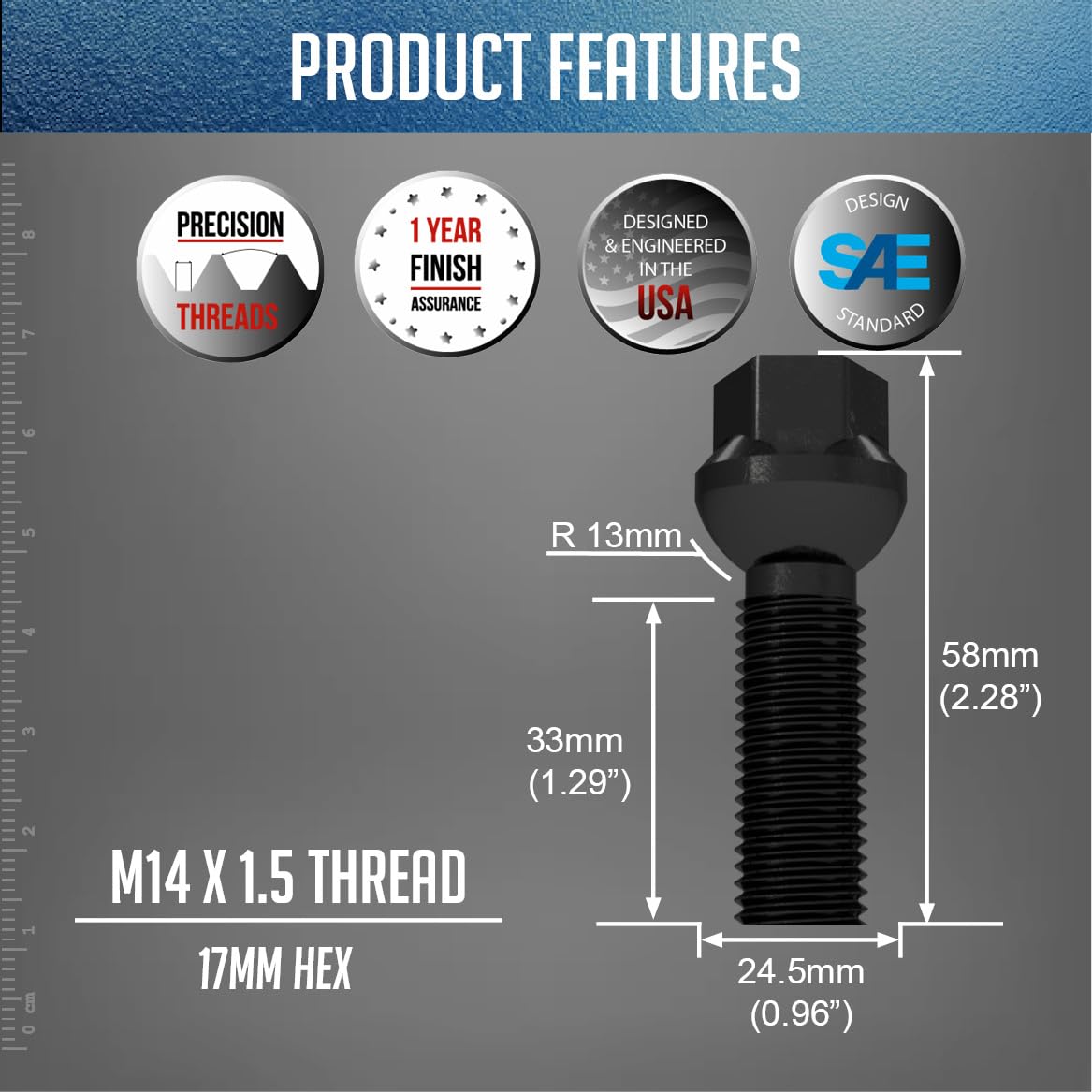 Wheel Accessories Parts 20 Pcs M14 x 1.5 Thread Ball Seat Lug Bolt Black Finish 33mm Shank Length 17mm Hex fits Mercedes-Benz CL-Class G-Class ML-Class S-Class S-Class AMG SL-Class