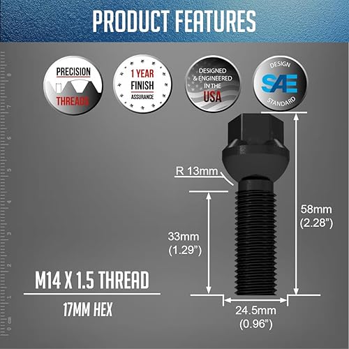 Vista 3 de Wheel Accessories Parts 20 piezas de pernos de asiento de bola M14 x 1.5 de 0.669 in hexagonal 1.299 in de longitud de rosca, acabado negro