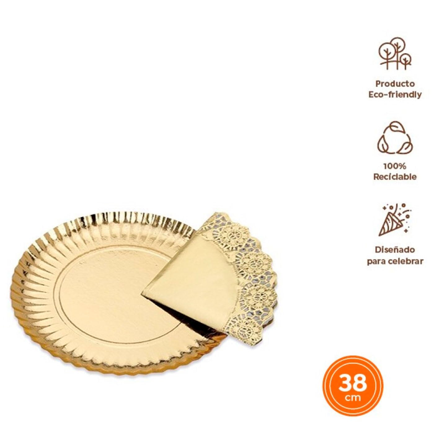 Acan Tradineur - Confezione da 24 vassoi rotondi in cartone con blonda, fontana riciclabile per torte con pizzo di carta, decorazione per feste, presentazione di dessert (orado - Ø 38 cm)