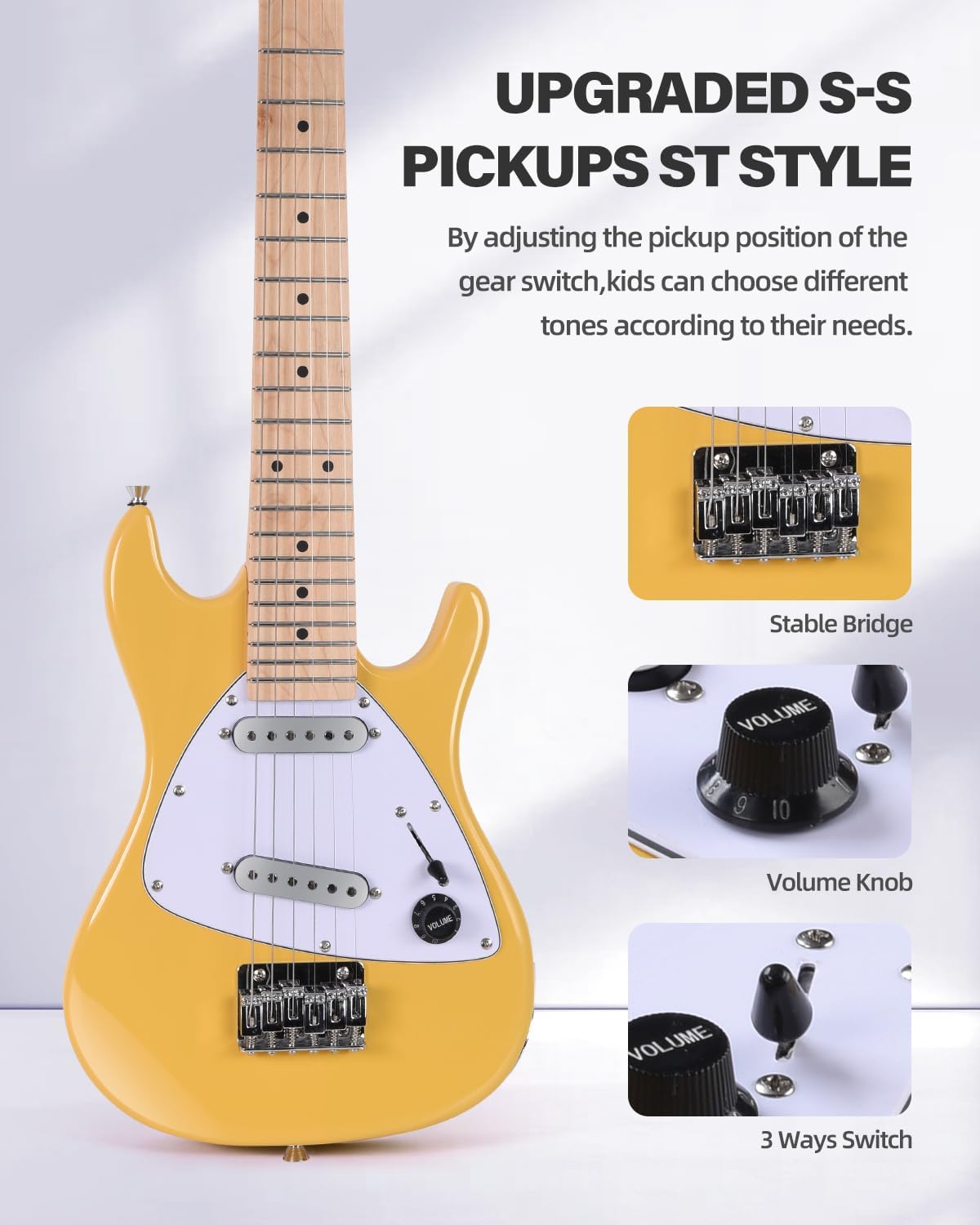 Winzz 30 Inch Kids Electric Guitar Beginner Kit, Junior 1/4 Size Mini Electric Guitar for Children Complete Stater Set with Amp, Gloosy Yellow Colour