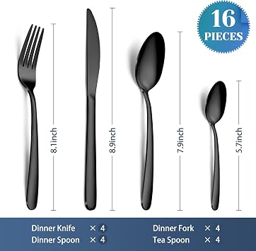 Hunnycook 16-Piece Black Cutlery Sets- Stainless Steel Cutlery Sets for 4 People, Mirror Polished Black Forks Knives and Spoons Set, Tableware Set for Home Kitchen, Parties & Gifts Dishwasher Safe