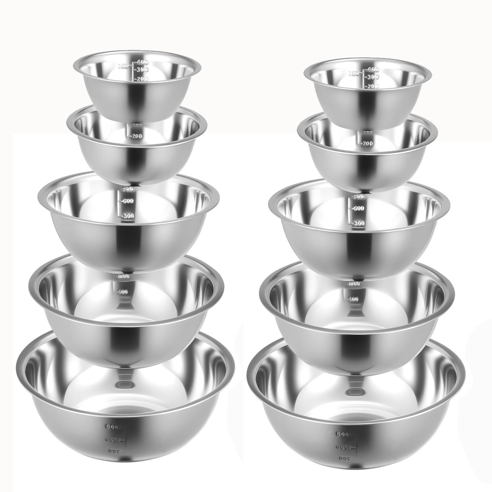 Mixing Bowls Set Stainless Steel Nesting Bowls with Measurement Markings Metal Storage Salad Bowls for Preparing Serving Dishwasher Baking Cooking Salad Prep Space Saving (Silver, 10 Bowls)