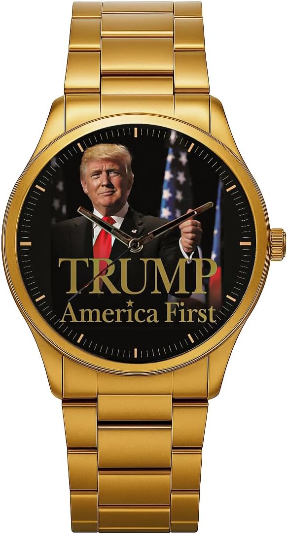 Official America First! Donald Trump Presidency Men's Gold Edition Watch. Classic Americana with Special POTUS Pine Wood Box. Heavy Metal Bracelet.