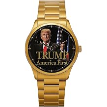 Official America First! Donald Trump Presidency Men's Gold Edition Watch. Classic Americana with Special POTUS Pine Wood Box. Heavy Metal Bracelet.
