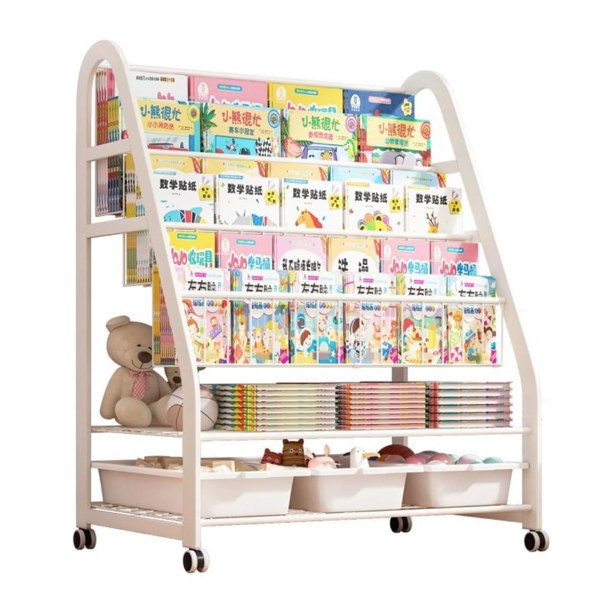 CVdrtyED Bookcase Decor 3-Tier Bookshelf With Storage Rack And 3 Boxes Magazine Metal Painting Book Pulley Floor Newspaper Living Room