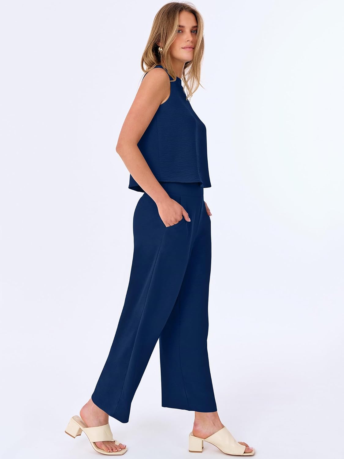 ANRABESS Women Lounge Sets 2 Piece Outfits Summer Sleeveless Crop Tops Capri Wide Leg Pants Vacation Beach Travel Sets - Image 4