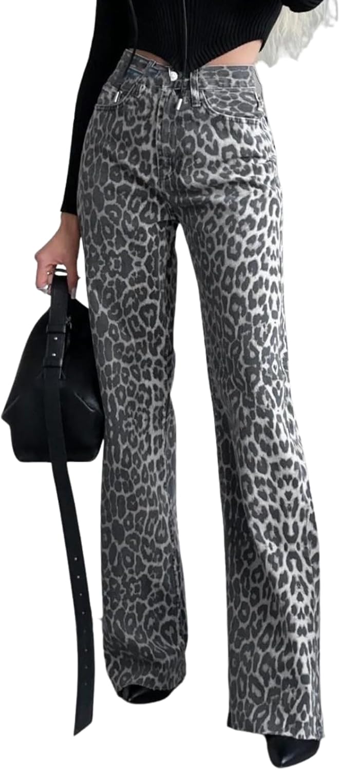 Leopard Print Wide Leg Jeans for Women – High Waisted Denim Pants Y2K Aesthetic Streetwear Outfit Stylish Slim