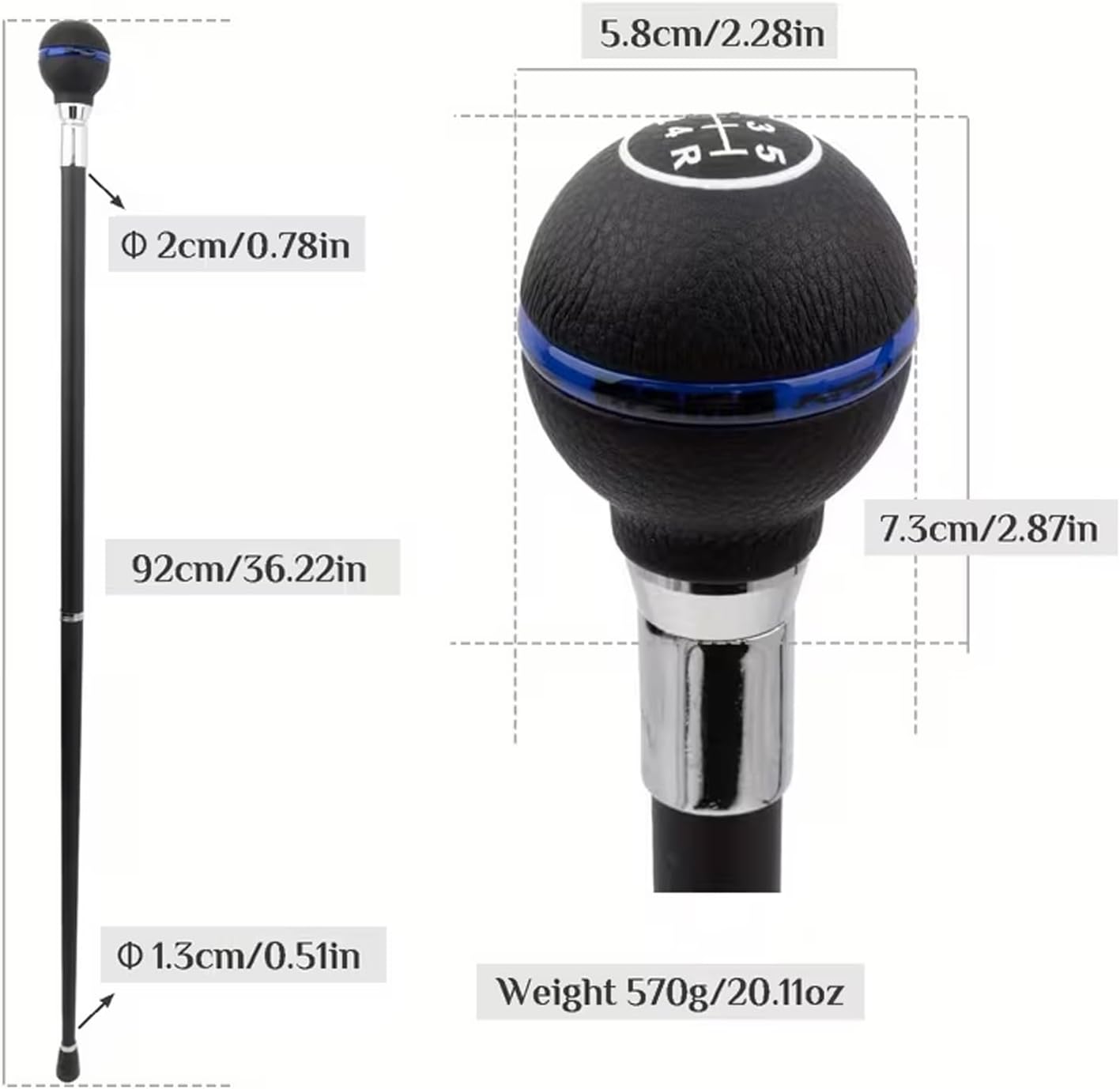 Black and Blue Leather Ball Head Walking Cane, Luxury Men Womens Walking Stick, Removable Anti Slip Scepter, Cospaly Vintage Party 92cm