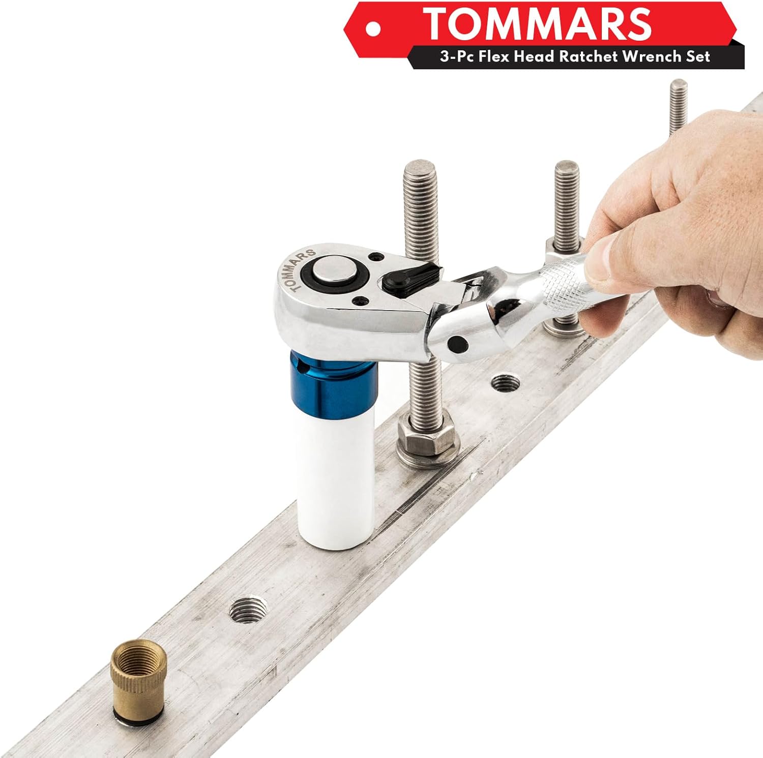 TOMMARS Flex-Head Ratchet Set, 1/4", 3/8", 1/2" Drive Flexible Ratchet Handle Wrench 72-Tooth Quick-Release Reversible Gift for Men Mechanic Hand Tools