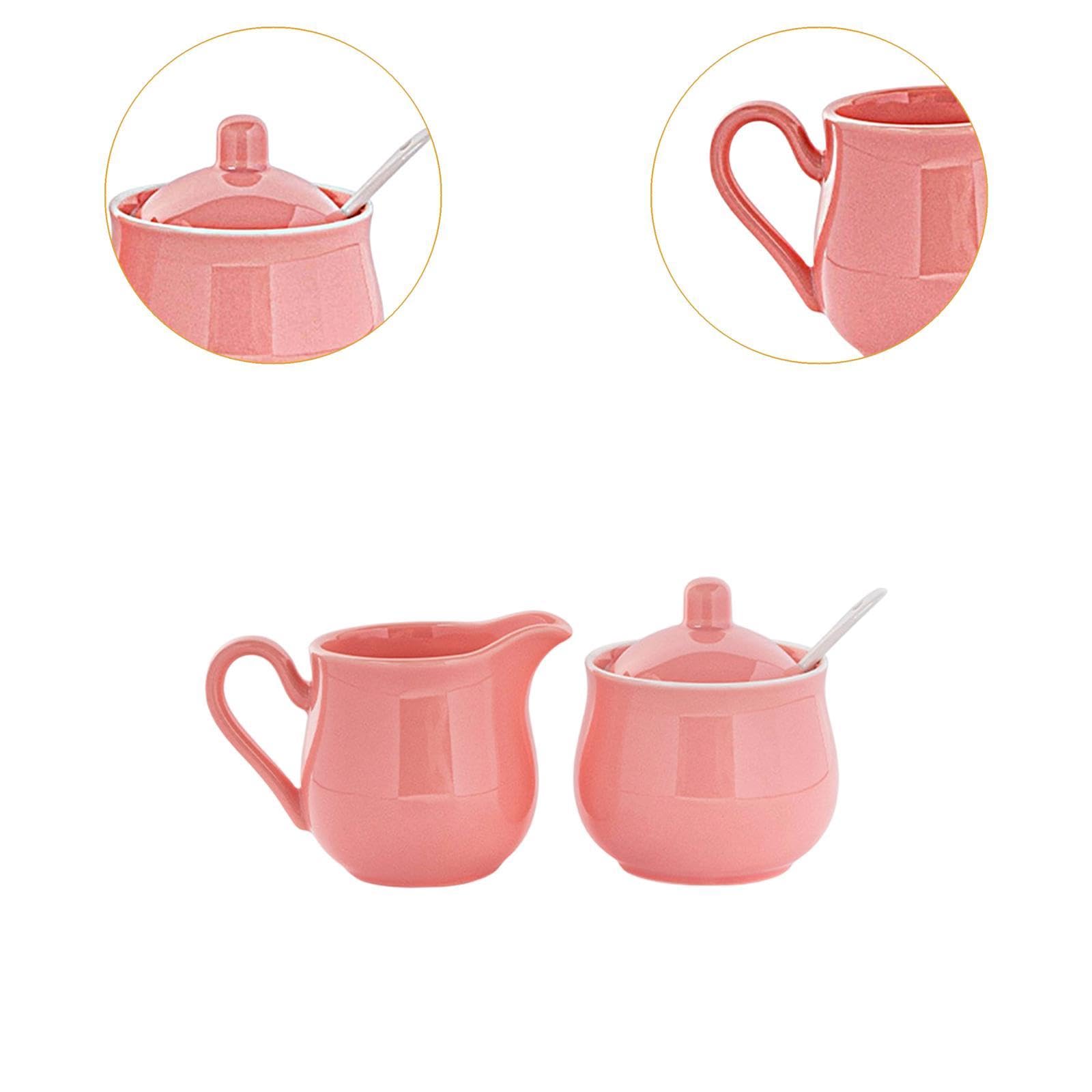 Sucrier Ensemble En Céramique Pichet à Crème Pot à Lait Boîte à Sucre avec Couvercle et Cuillère Compact Conçu pour Service Dîner Occidental D, Rose