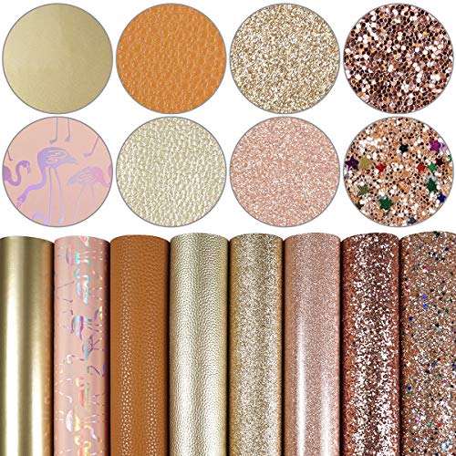 8 Pieces 8x12 Inch Faux Leather Sheets Champagne Gold Fine Chunky Glitter Patent Metallic Litchi Flamingo Pattern Leather Fabric for Bows Earrings Making