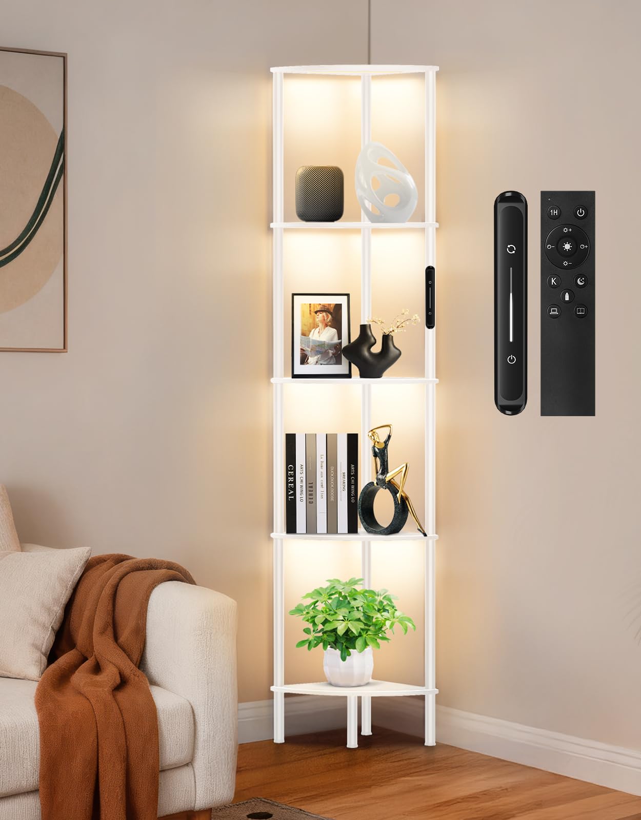 OUTONLIFE LED Floor Lamp with Shelf, 3 Light Tones, Dimmable with Touch and Remote Control, High Corner Shelf with 5 Levels for Living Room, Bedroom, Office