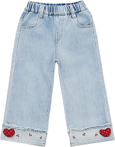 Kids' Light Wash Heart Embroidery Cuffed Wide Leg Jeans Elastic Waist Casual Den
