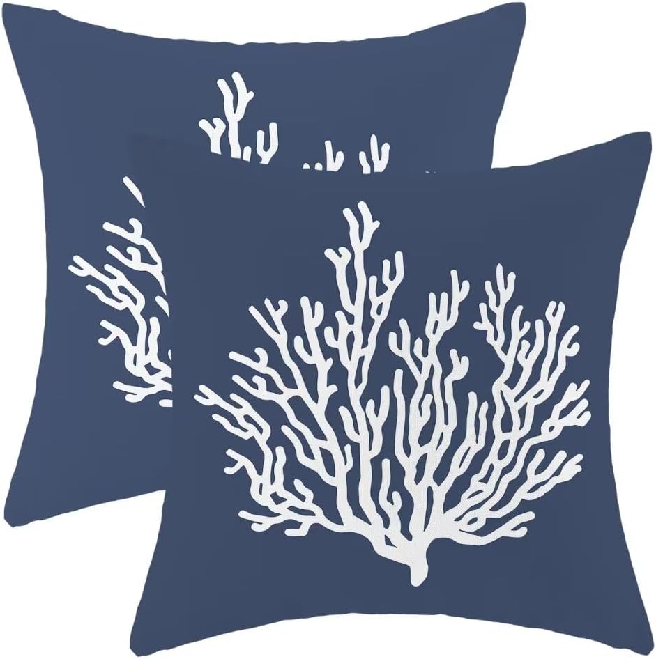 AEIOAE Coastal Pillow Covers 18 X 18 Inch Set of 2, Nautical Navy Blue Coral Decorative Throw Pillow Covers Pillowcase Linen Beach Ocean Theme for Indoor Outdoor Home Sofa Bedroom Living Room