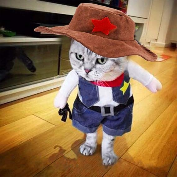 Cute Cat Costumes for Pets, Funny Small Dog Outfits Cowboy Jacket with Hat