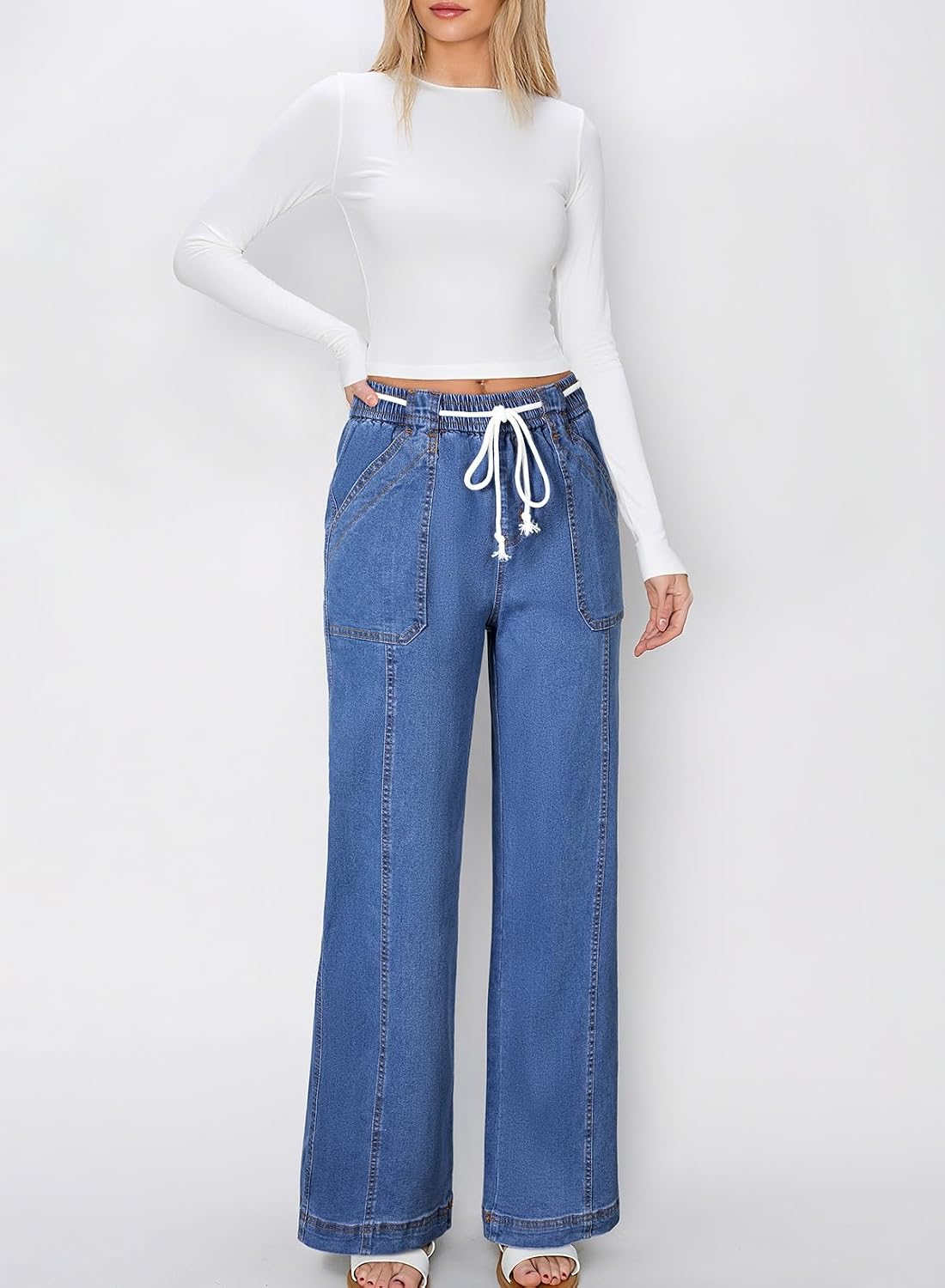 Astylish Jeans for Women Wide Leg Drawstring High Waisted Stretchy Straight Leg Jean Trendy 2025 Denim Pants image 3