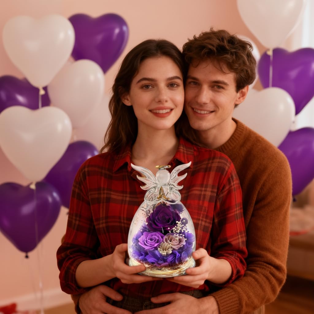 Purple Rose Valentines Day Gifts for Her Birthday Gifts for Women, Forever Rose in Glass Flowers for Delivery, Preserved Rose Angel Figurine for Mom Grandma, Mother’s Day Birthday Gifts - Image 4