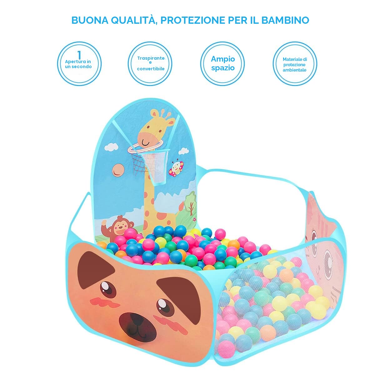 Tenda da gioco per bambini, automontante e pieghevole, con motivo stile cartone animati, con piscina per palline e canestro da basket per uso in ambienti interni ed esterni casetta per bambini