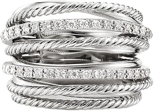 Anillo cruzado de plata de ley 925 con varias filas, chapado en rodio entrelazado, circonita cúbica AAA, circonita cúbica, anillo de eternidad,