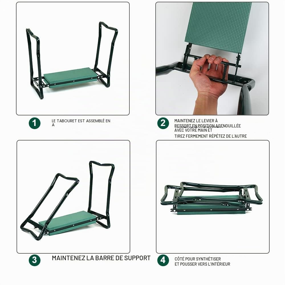 Tabouret de Jardin, Banc Agenouilloir de Jardinage 2 en 1 avec coussin en mousse EVA pour Protege Genoux, Pliable siège de jardin Avec sac à outils, 60 x 50 x 28 cm Vert, Charge maximale 150 kg