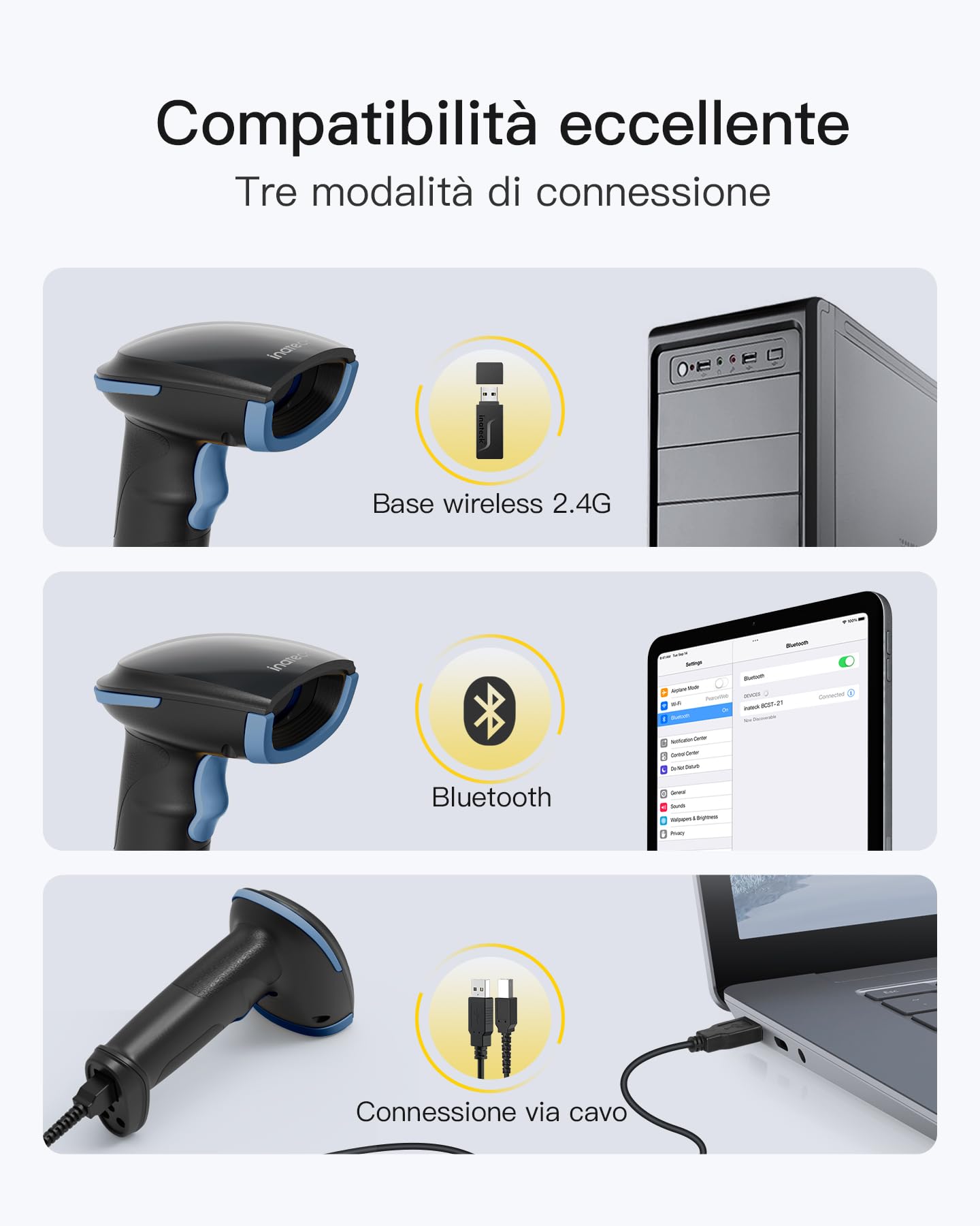 Inateck Lettore di Codici a Barre 1D 2D QR, Pistola Barcode Scanner Wireless, 2600mAh Batteria, Plug and Play per PC Computer Android iOS iPhone, BCST-23, Blu