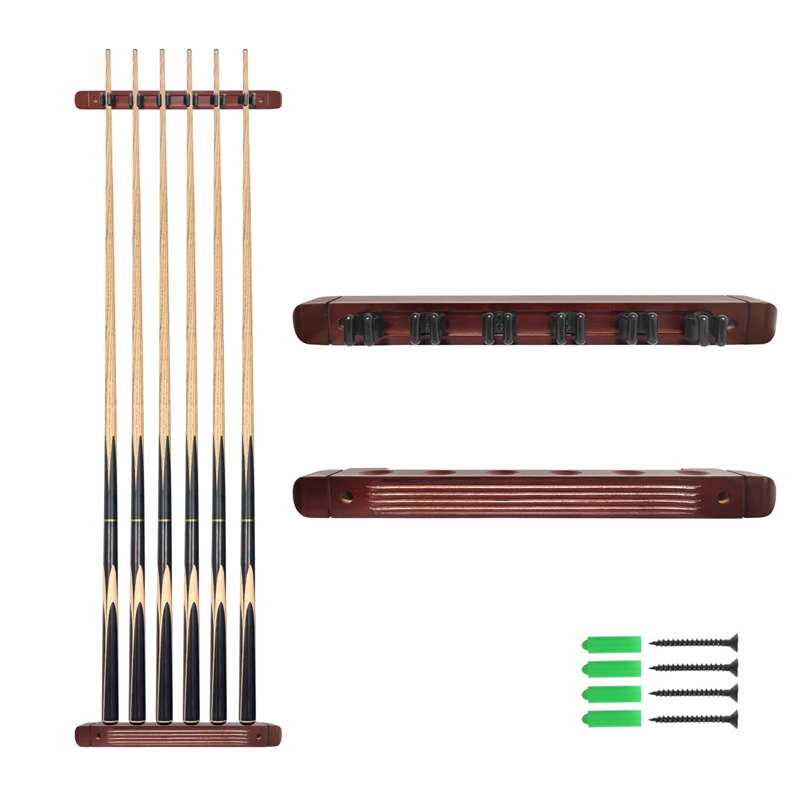 Naissgo Pool Cue Holder, 6 Pieces Wall-Mounted Pool Cue Rack, Wooden Billiard Cue Rack, Snooker Stick Holder for Billiard Clubs, Bars, Snooker Games