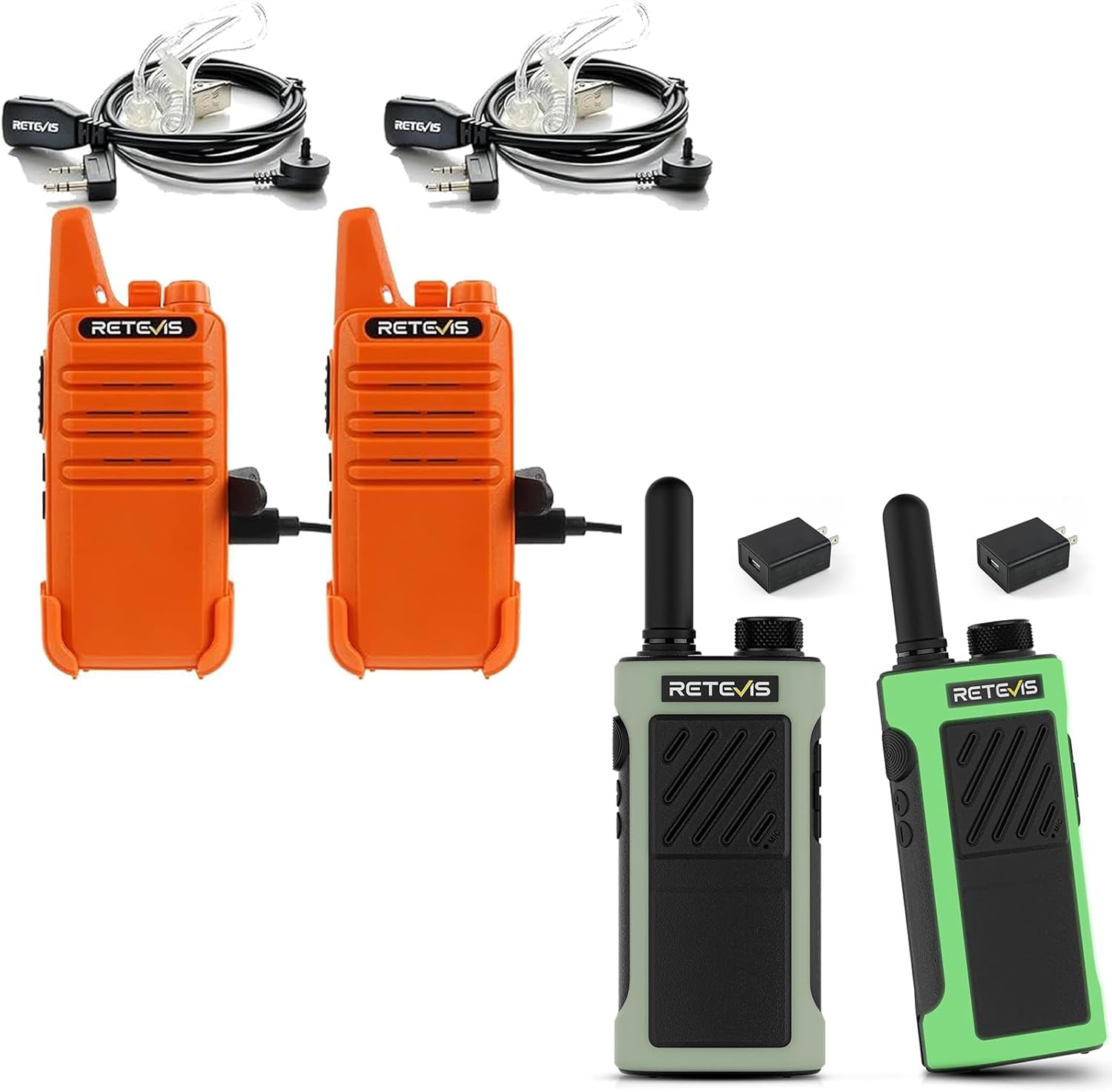Retevis RT22 Two Way Radio 2 Pack and RB66P Walkie Talkies 2 Pack, Long Range Walkie Talkies for Adults, Rechargeable 2 Way Radios with Earpiece,VOX Handsfree, for Gift Family Hiking Outdoor Skiing